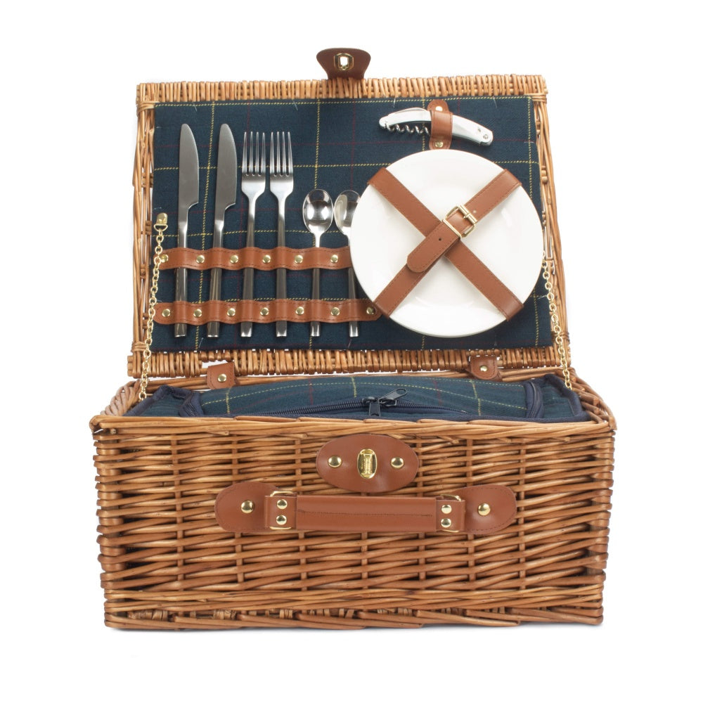 Blue Tweed Fitted Wicker Picnic Basket