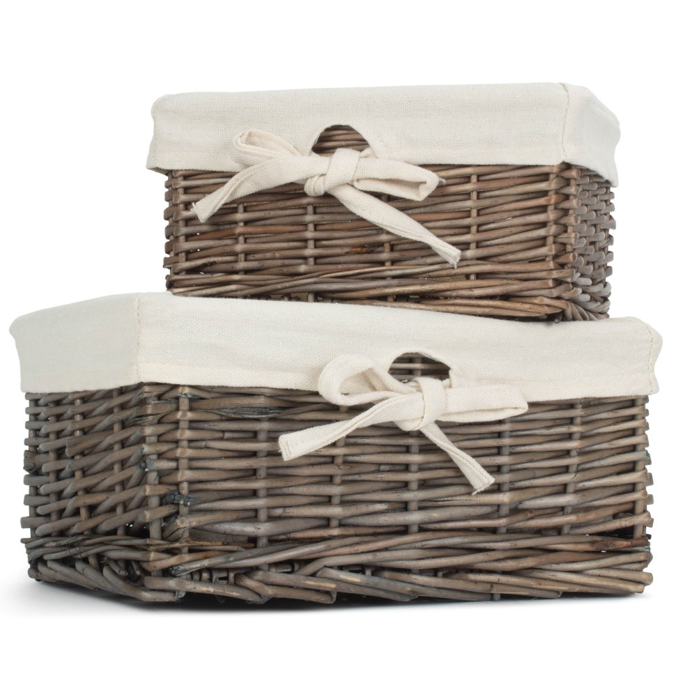 Set of 2 Antique Wash Finish Cotton Lined Willow Basket